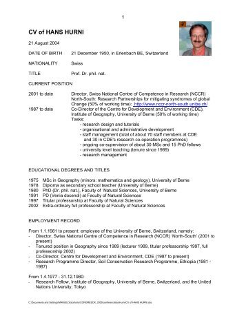 CV of HANS HURNI