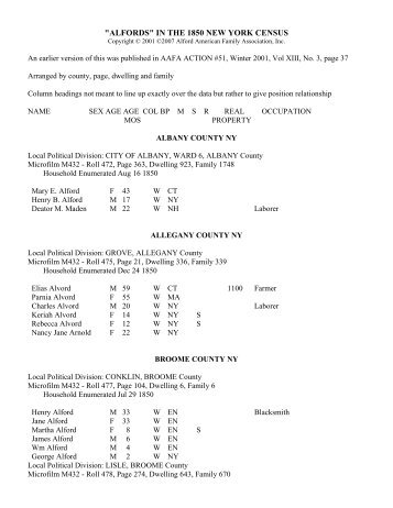in the 1850 new york census - Alford American Family Association