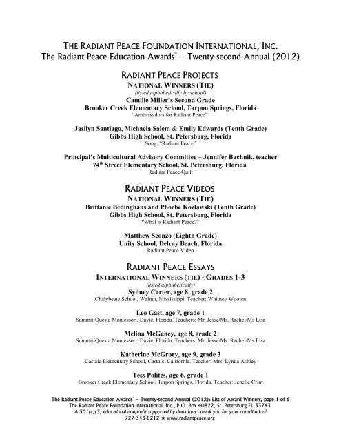 The Radiant Peace Education Awards ... - PCSB Newsroom