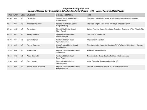 Maryland History Day 2012 Maryland History Day Competition ...