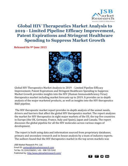 Global HIV Therapeutics Market Analysis to 2019 – JSB Market Research