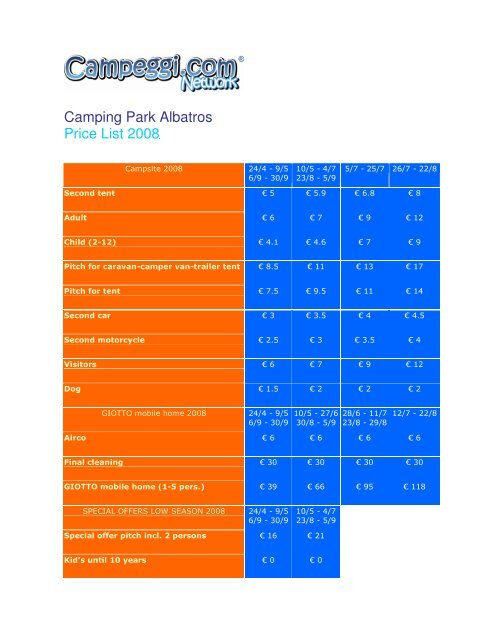 Camping Park Albatros Price List 2008