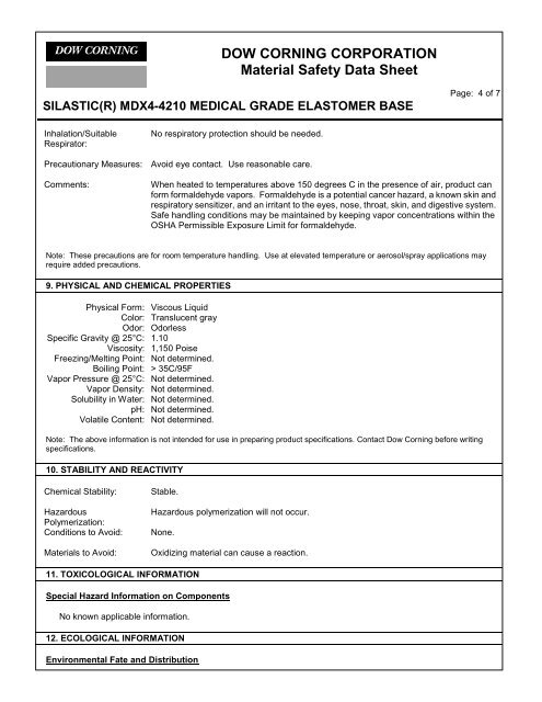 DOW CORNING CORPORATION Material Safety Data Sheet