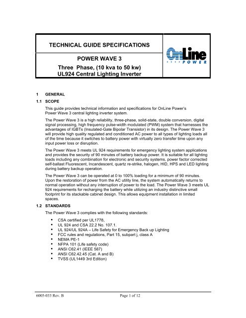 TECHNICAL GUIDE SPECIFICATIONS POWER ... - Online Power, Inc.