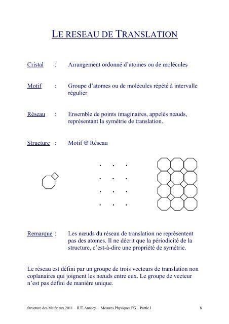 Structure des Matériaux Partie I, Cristallographie - IUT Annecy