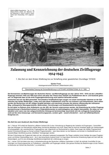 Zulassung und Kennzeichnung der deutschen Zivilflugzeuge 1914 ...