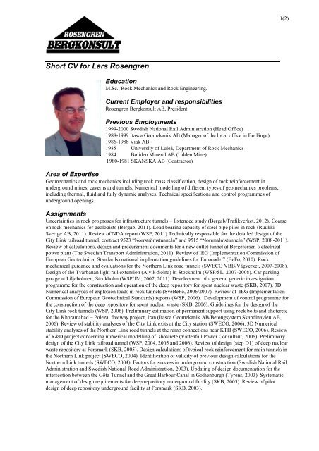 Short CV for Lars Rosengren - bergkonsult.se