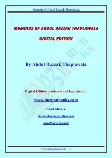 Memoirs of Abdul Razzak Thaplawala - Memon Books
