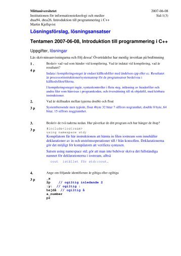 Lösningsförslag, lösningsansatser Tentamen 2007 ... - Mittuniversitetet