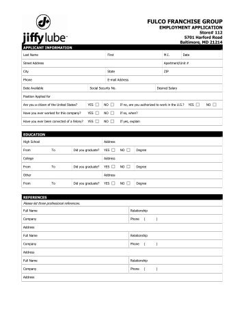 PDF Employment Application Store#112 - Baltimore MD Jiffy Lube ...