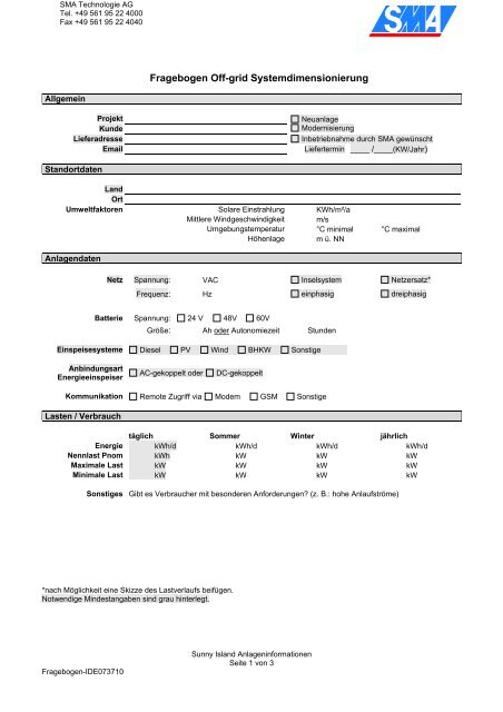 Fragebogen Off-grid Systemdimensionierung