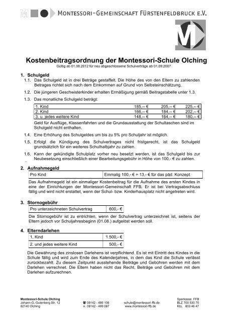 Kostenbeitragsordnung der Montessori-Schule Olching