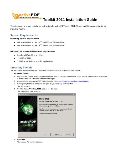 Toolkit 2011 Installation Guide - activePDF