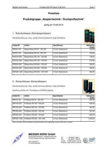 Preisliste Absperrtechnik, Prüfblasen, Dichtigkeitsprüfgeräte, Rohrprüfblasen, Rohrdichtkissen, Kanalabsperrblasen