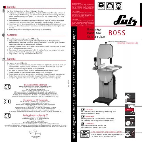 Bedienungsanleitung / Operating Instructions ... - LUTZ MASCHINEN