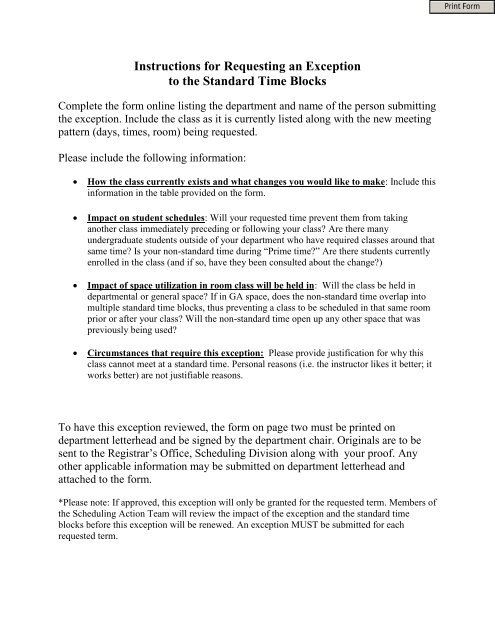 Time Exceptions Standard Time Exception Form - Office of the Registrar