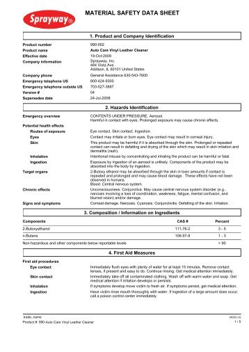 Sprayway 990 Auto Care Vinyl Leather Cleaner MSDS