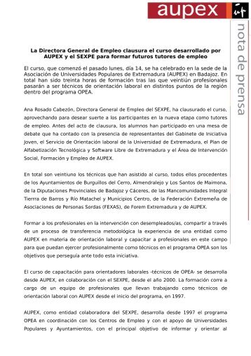 La Directora General de Empleo clausura el curso ... - Aupex