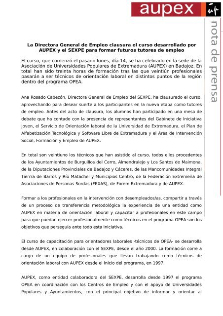 La Directora General de Empleo clausura el curso ... - Aupex