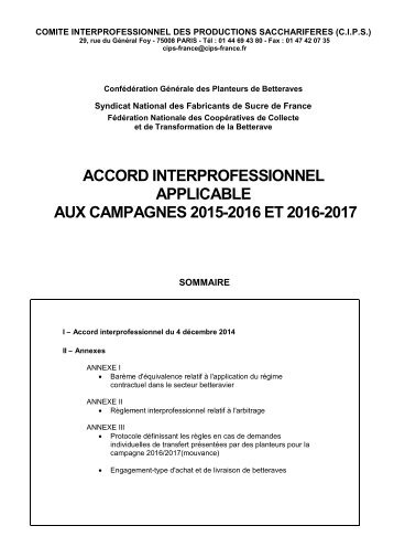 ACCORD INTERPROFESSIONNEL APPLICABLE AUX CAMPAGNES 2015-2016 ET 2016-2017