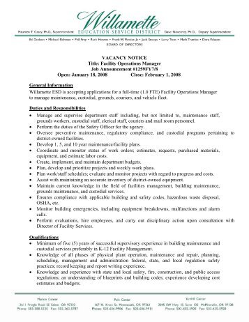 VACANCY NOTICE Title: Facility Operations Manager Job ... - OSFMA