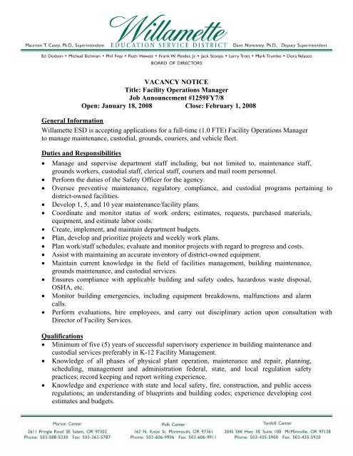 VACANCY NOTICE Title: Facility Operations Manager Job ... - OSFMA