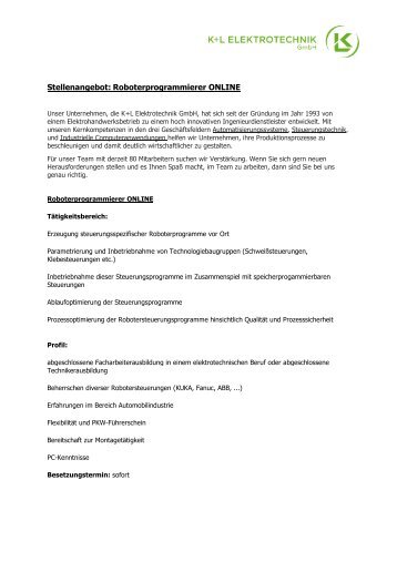 Stellenbeschreibung Roboterprogrammierer Online - ProfiSACHS