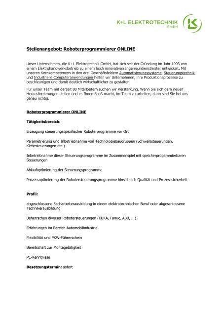 Stellenbeschreibung Roboterprogrammierer Online - ProfiSACHS