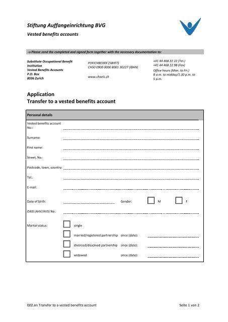 Transfer to a vested benefits account - Stiftung Auffangeinrichtung ...