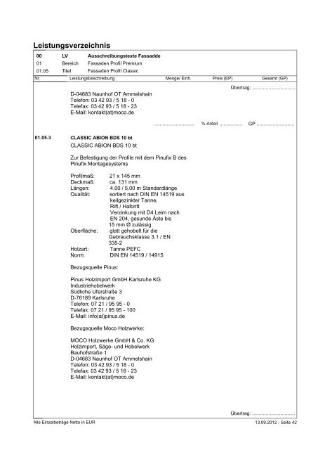 Musterleistungsverzeichnis Pinufix B und Pinufix K - Moco