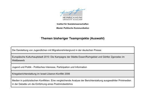 Themen bisheriger Teamprojekte - Master Politische Kommunikation