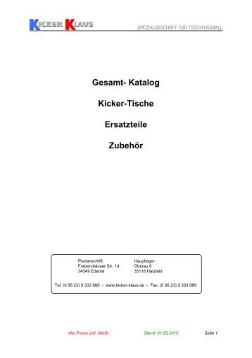 Gesamt- Katalog Kicker-Tische Ersatzteile ZubehÃ¶r - Kicker-Klaus
