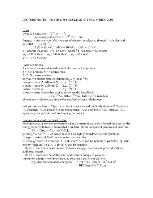 Lecture Notes A Physics 564 Nuclear Physics Spring