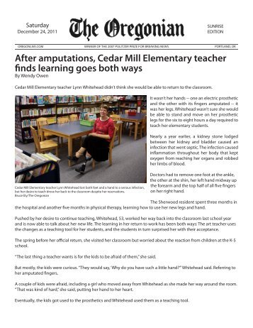 After amputations, Cedar Mill Elementary teacher finds learning ...