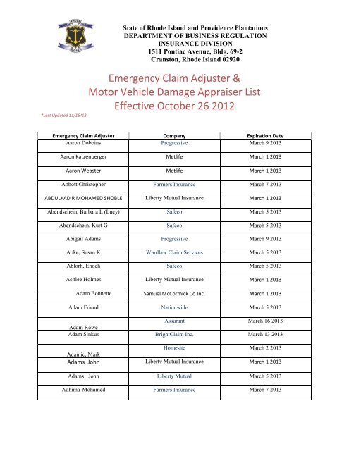 Emergency Claim Adjuster List - Rhode Island Department of ...