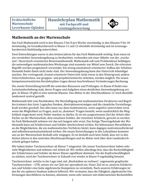 Hauslehrplan Mathematik Marienschule Opladen