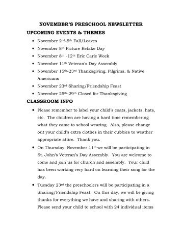 november's preschool newsletter upcoming events & themes ...