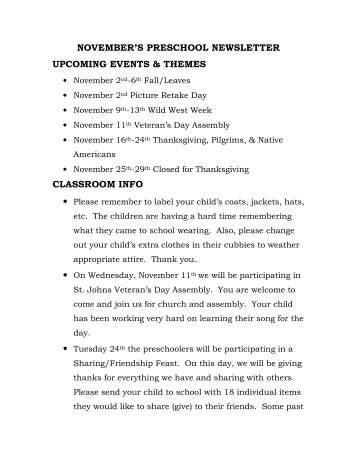 november's preschool newsletter upcoming events & themes ...