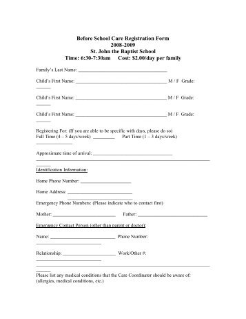 Before School Care Registration Form 2008-2009 St. John the ...