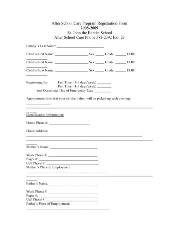 After School Care Program Registration Form 2008-2009 St. John ...