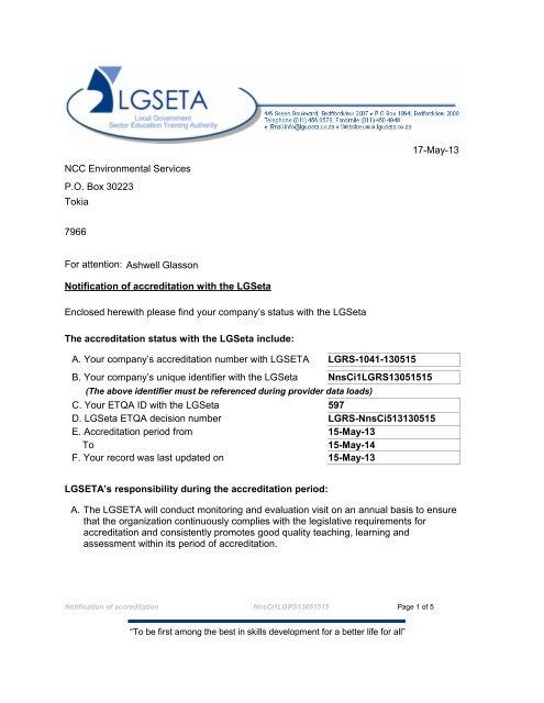 Notification of accreditation with the LGSeta - NCC Environmental ...