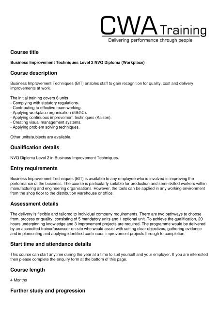 Business Improvement Techniques Level 2 Nvq Diploma