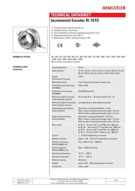 TECHNICAL DATASHEET Incremental Encoder ... - Hengstler GmbH