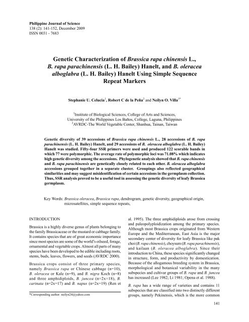 Genetic Characterization of Brassica rapa chinensis L., B. rapa ...