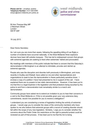 Letter from Bob Jones to the Home Secretary 19 July 2013