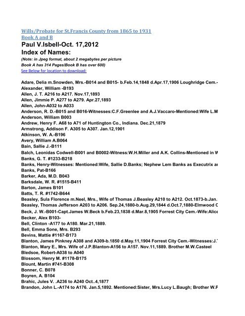 Paul V.Isbell-Oct. 17,2012 Index of Names: