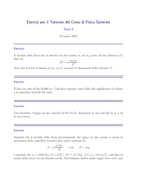 Esercizi per il Tutorato del Corso di Fisica Generale