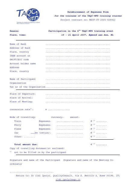 Reimbursement of Expenses Form for the trainees of the TAQC ...