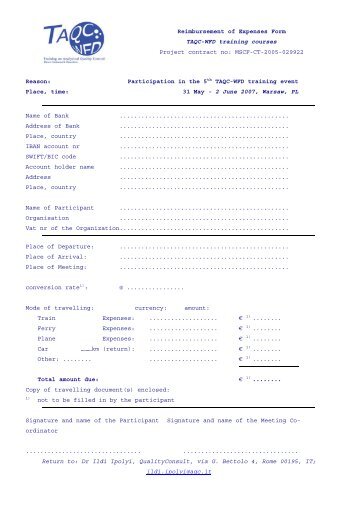 Reimbursement of Expenses Form TAQC-WFD training courses ...