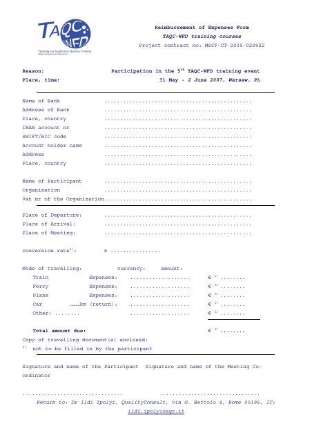 Reimbursement of Expenses Form TAQC-WFD training courses ...